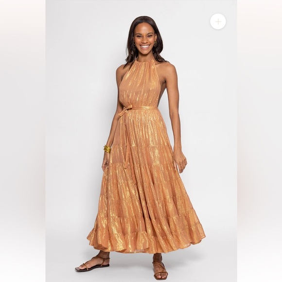 NWT Sundress Sophie Revolve Shiny Metallic Halter Maxi Resort DRESS in SAND Gold - Picture 1 of 14
